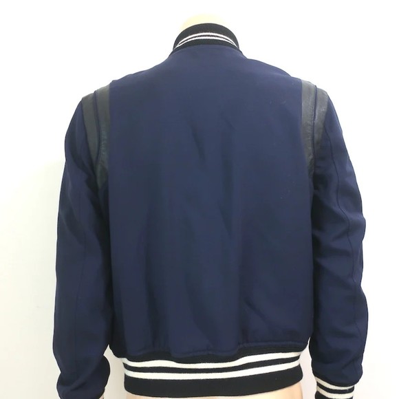 Saint Laurent Teddy Bomber Jacket Navy/Black Leather-Trimmed Wool Size 52 - Picture 3 of 7
